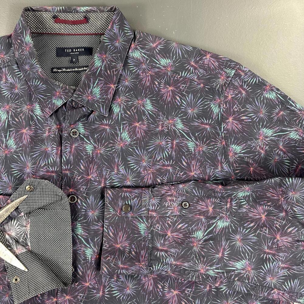 Ted Baker Shirt Mens XL Navy Blue Fireworks AOP Turquoise Flipcuff Dress